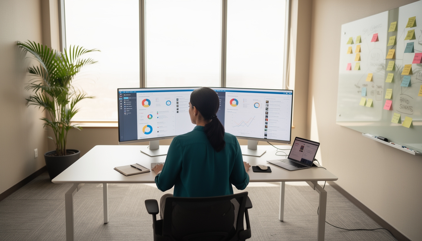 Espacio de trabajo digital con pantallas mostrando análisis de búsqueda